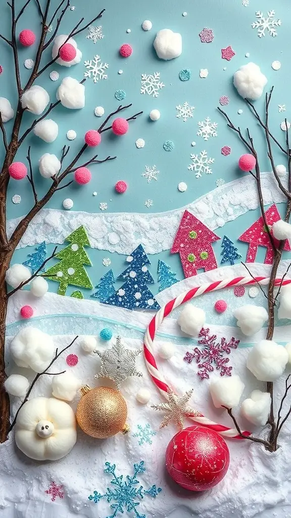 A colorful winter collage with cotton balls, snowflakes, and felt trees.