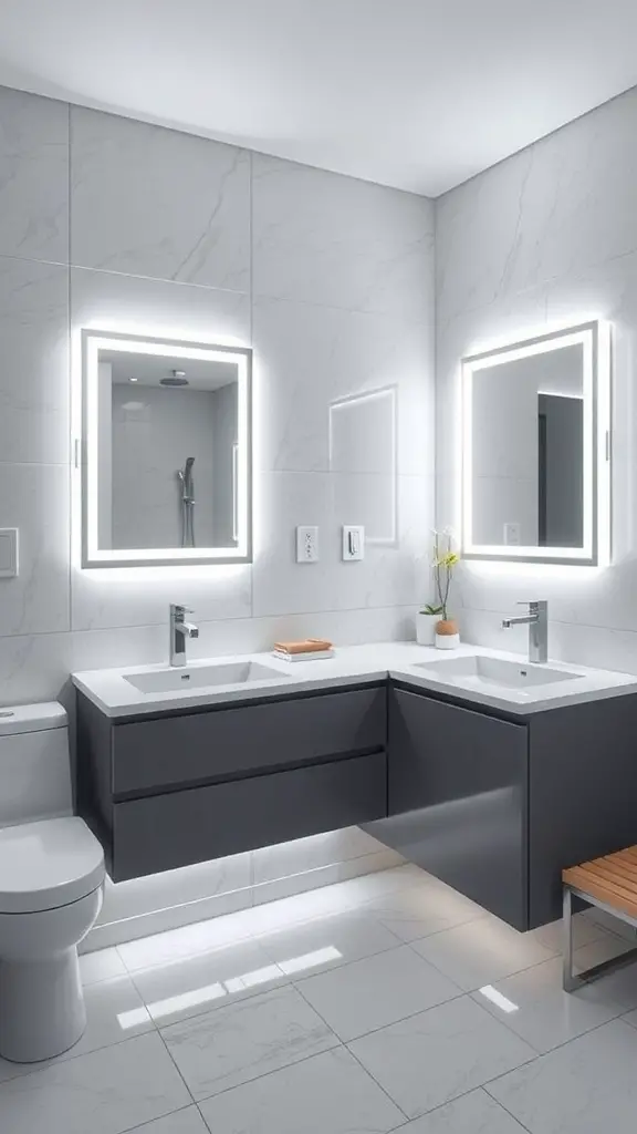 29+ Stylish Lighting Ideas to Transform Your Bathroom 9 A modern bathroom featuring LED strip lighting around mirrors and under the vanity.