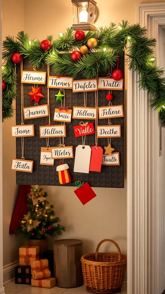 25+ Christmas Entryway Decor Ideas to Transform Your Home 9 A festive entryway display featuring personalized name tags for holiday guests, decorated with greenery and ornaments.