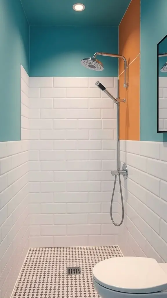 25+ Inspiring Small Walk-In Shower Ideas to Maximize Your Space 16 Small walk-in shower with colorful accent walls in turquoise and orange.