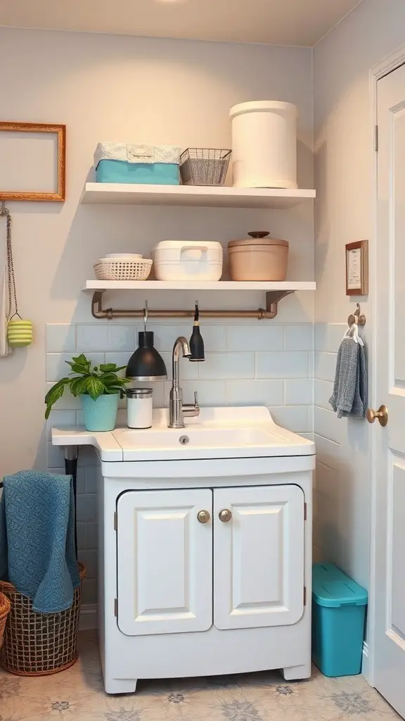 A small laundry room featuring a white utility sink with open shelving above, organized storage, and decorative elements.