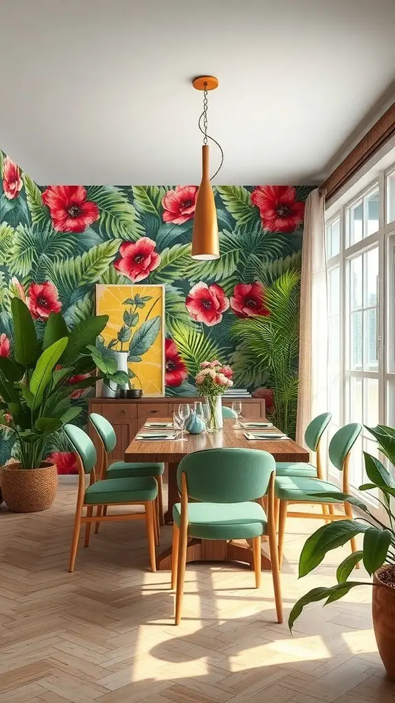 29+ Stunning Dining Room Wallpaper Ideas to Transform Your Space 14 A dining room with tropical floral wallpaper, wooden table, mint green chairs, and potted plants.