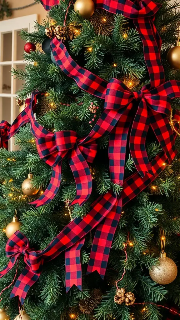 A Christmas tree decorated with layered buffalo plaid ribbons in red and black, adorned with gold ornaments and lights.