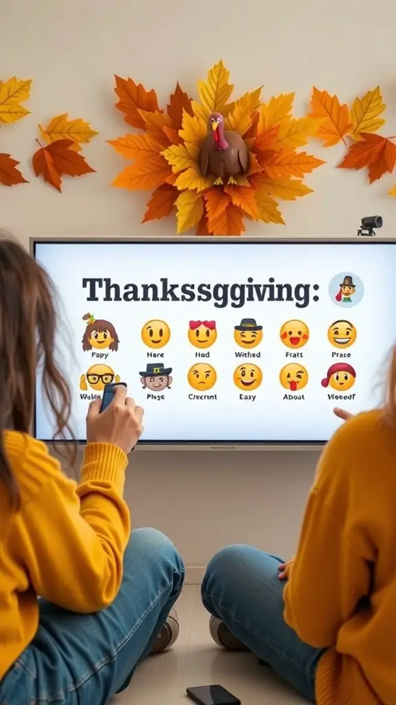 Two friends playing the Thanksgiving Emoji Guessing Game with emojis displayed on a screen.