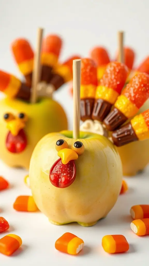 Candy Apple Turkeys decorated with candy corn and chocolate