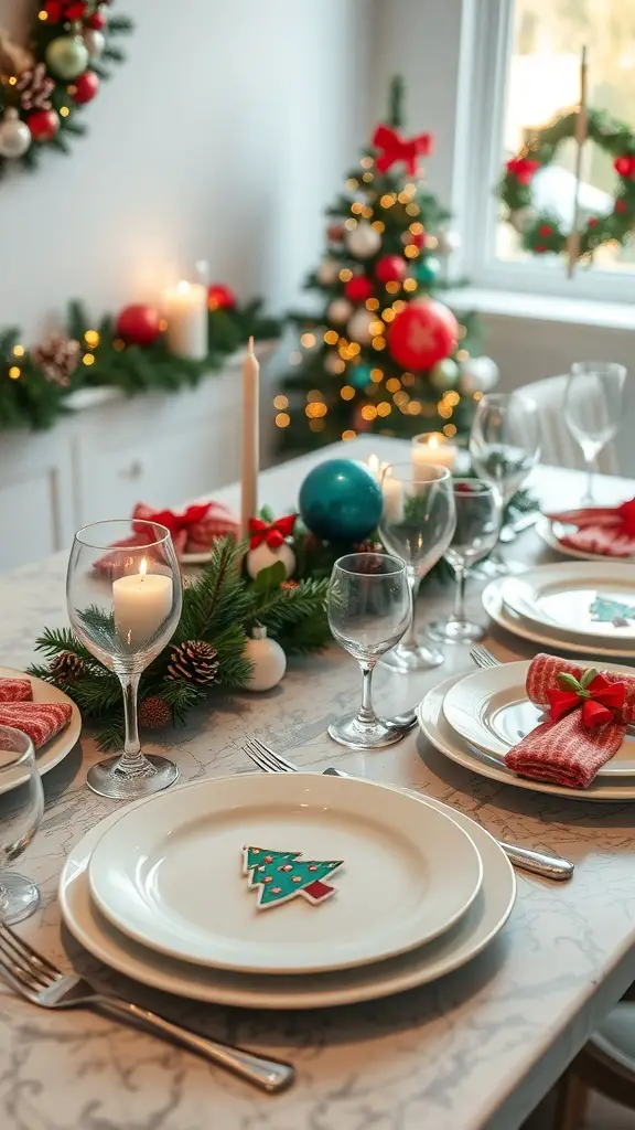A beautifully decorated holiday table with Christmas-themed plates and a festive atmosphere.