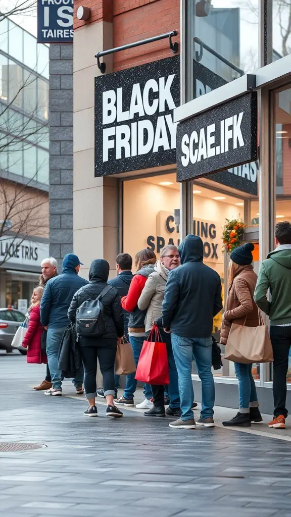 A line of shoppers waiting outside a store for Black Friday sales.