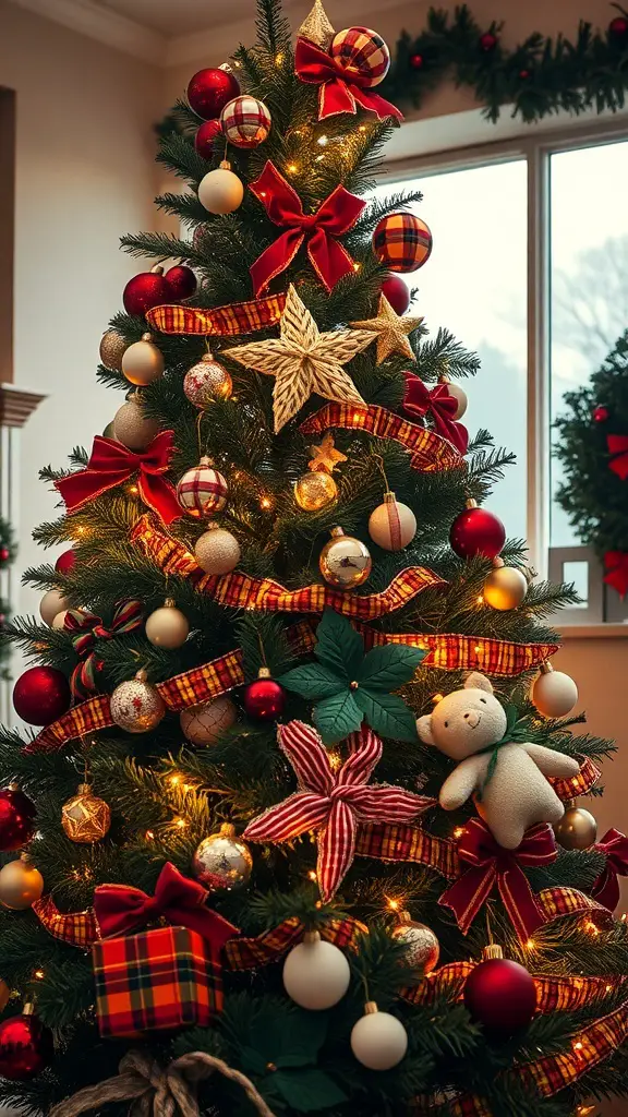 A beautifully decorated Christmas tree featuring vintage buffalo plaid decorations, red bows, and warm lights.
