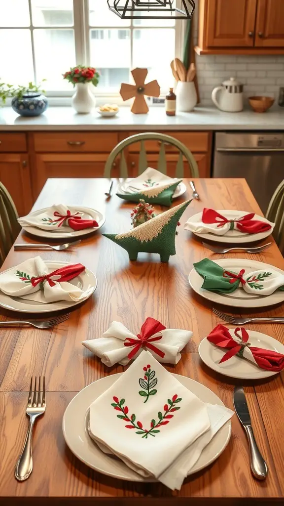 A beautifully set kitchen table for Christmas with folded napkins and festive decor.