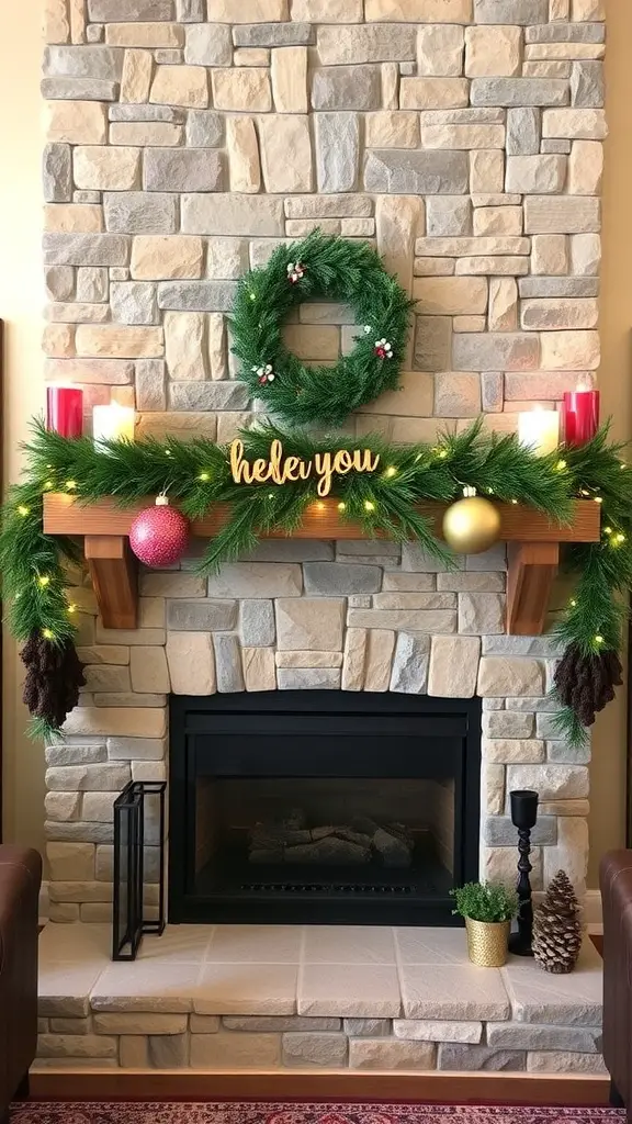 Cozy fireplace decorated with evergreen garland and soft lights