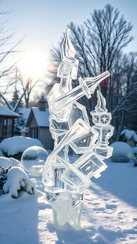 A stunning ice sculpture in a snowy outdoor setting, reflecting sunlight.