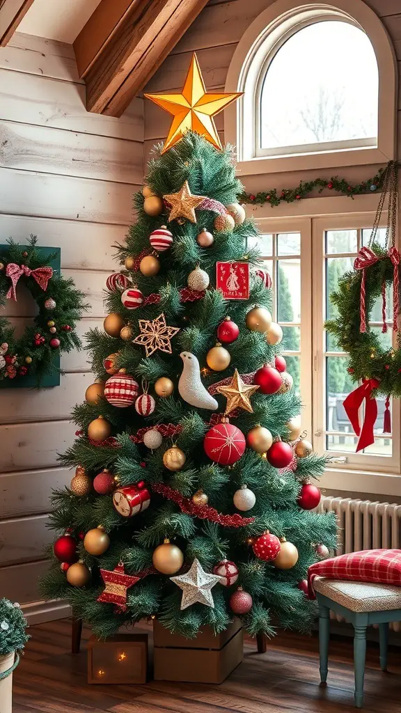 A beautifully decorated Christmas tree with handmade ornaments in a cozy cottage setting.