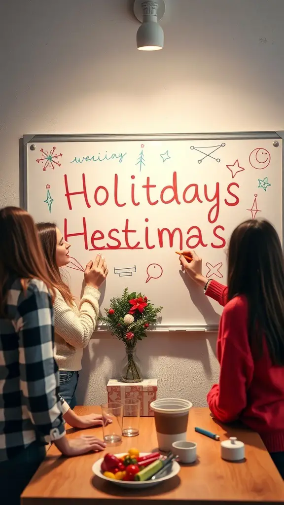 Friends playing Holiday Pictionary with festive decorations