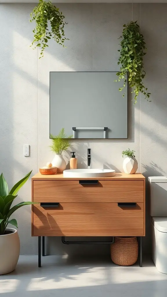 29+ Stunning Bathroom Vanity Ideas You’ll Love 16 A modern bathroom vanity made from sustainable wood, featuring a round sink and surrounded by plants.