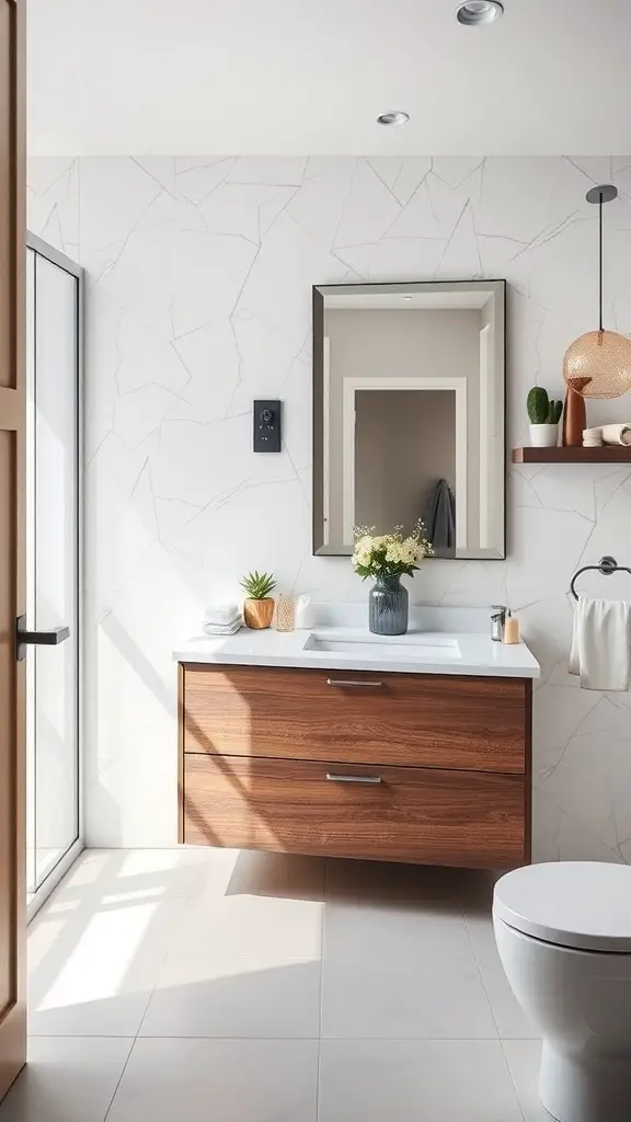 27+ Creative Bathroom Vanity Storage Ideas for an Organized Space 8 A modern bathroom featuring a multi-functional vanity with a wood finish, a sink, and decorative plants.