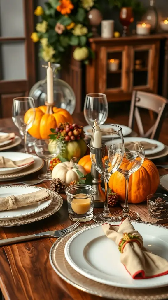A beautifully arranged Friendsgiving table with elegant flatware and glassware, featuring pumpkins and autumn decorations.