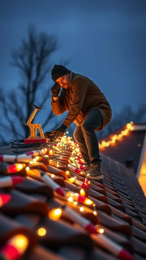 27+ Stunning Roof Christmas Light Ideas to Brighten Your Holidays 13 A person installing Christmas lights on a roof during twilight.