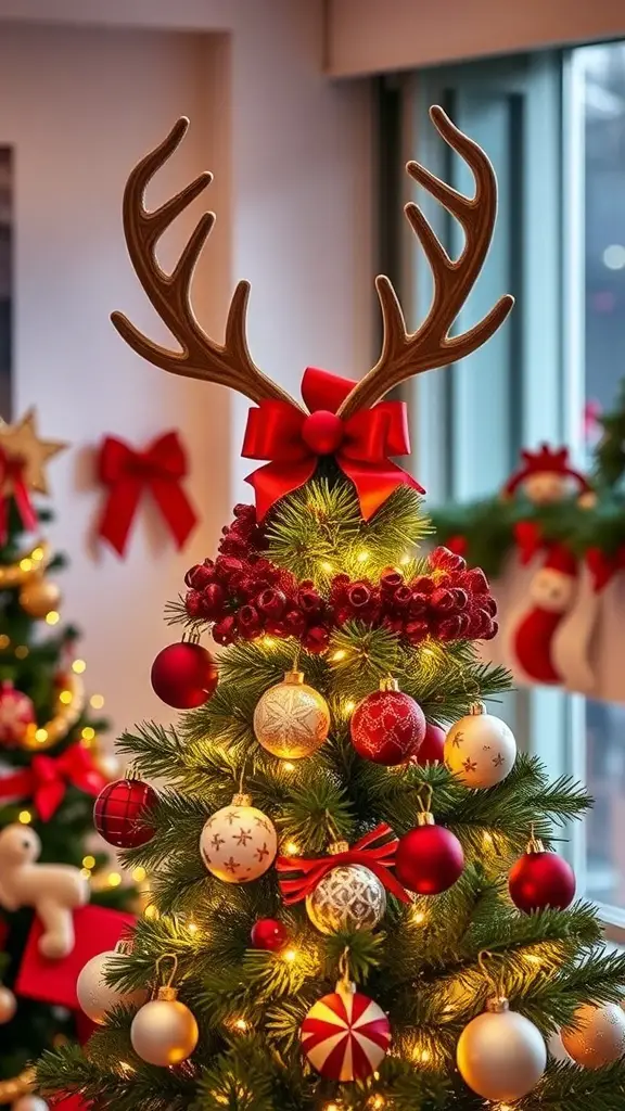 23+ Stunning Christmas Tree Topper Ideas to Inspire Your Holiday Decor 10 Christmas tree with reindeer antlers and red bow on top, decorated with ornaments.