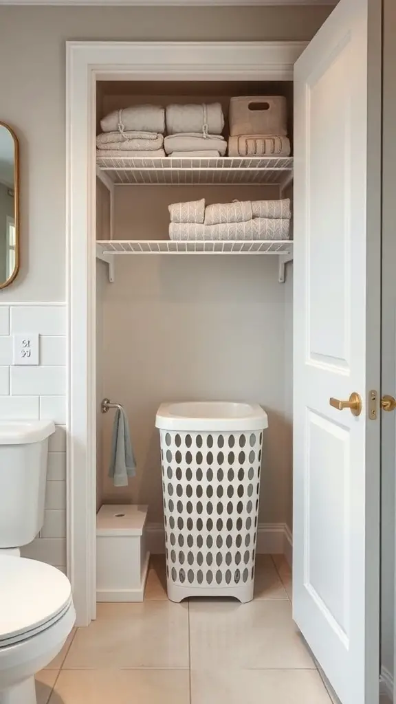 25+ Bathroom Closet Organization Ideas You’ll Love 11 A bathroom closet featuring a white laundry hamper, neatly folded towels on shelves, and a clean, organized look.