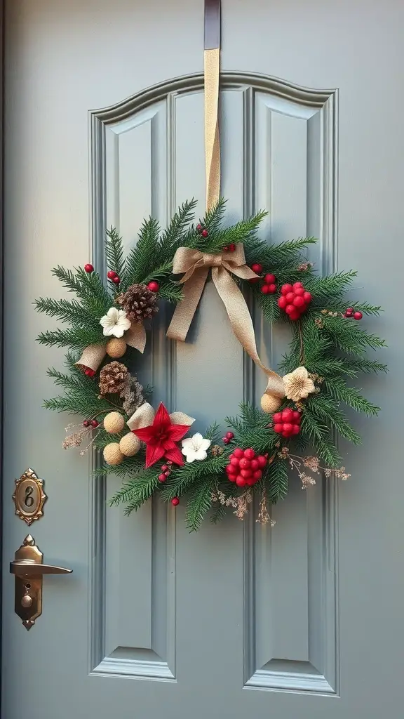 A festive Christmas wreath made of pine, red berries, and decorative elements, hanging on a door.