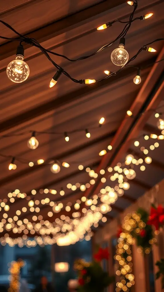 27+ Creative Ceiling Decoration Ideas for Every Room 7 A ceiling decorated with festive string lights, creating a warm and inviting atmosphere.
