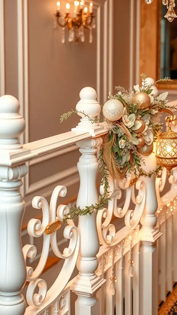 27+ Creative Indoor Christmas Railing Decor Ideas 4 Elegant Christmas railing decor with white and gold accents, featuring ornaments and greenery.