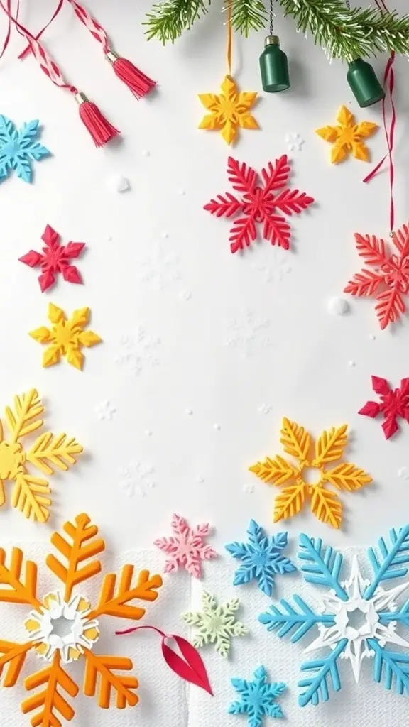 Colorful snowflakes made from various materials, arranged on a white background with festive decorations.