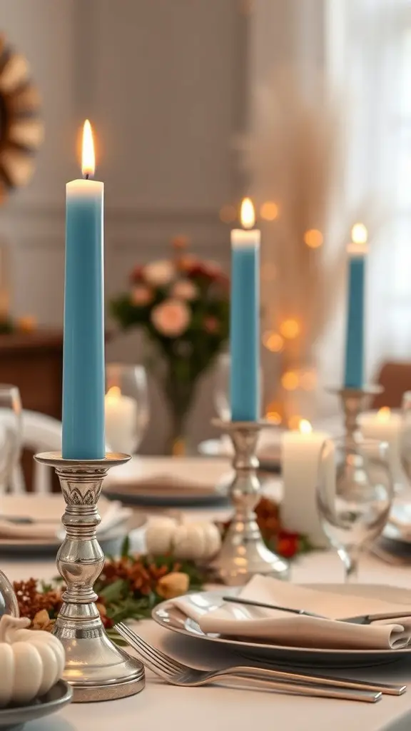 Sky blue candles in silver holders on a Thanksgiving table