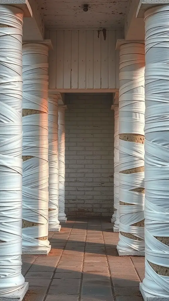 Columns wrapped in white fabric resembling mummies for Halloween decor