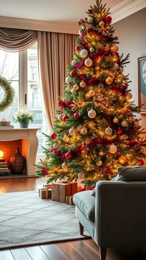 25+ Creative Christmas Decor Ideas for Your Living Room 3 A beautifully decorated Christmas tree with red and gold ornaments in a cozy living room.