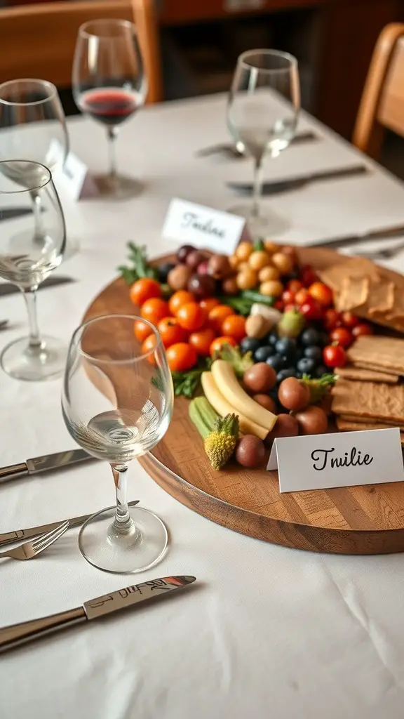 A beautifully arranged Christmas charcuterie board with personalized name tags at each setting.