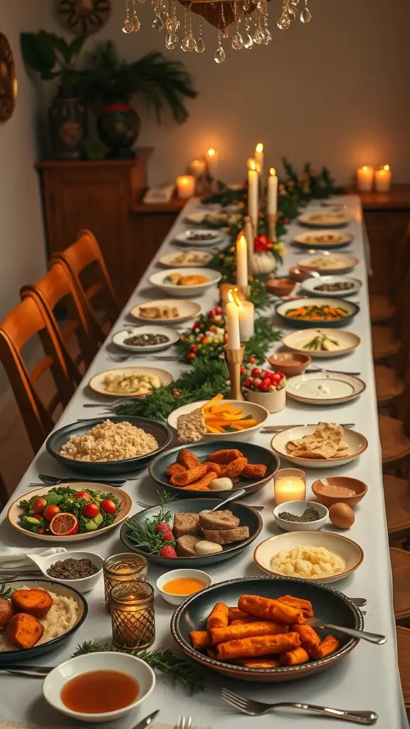 23+ Festive Christmas Event Ideas for a Joyous Celebration 9 A festive holiday potluck dinner table filled with various dishes, candles, and decorations.