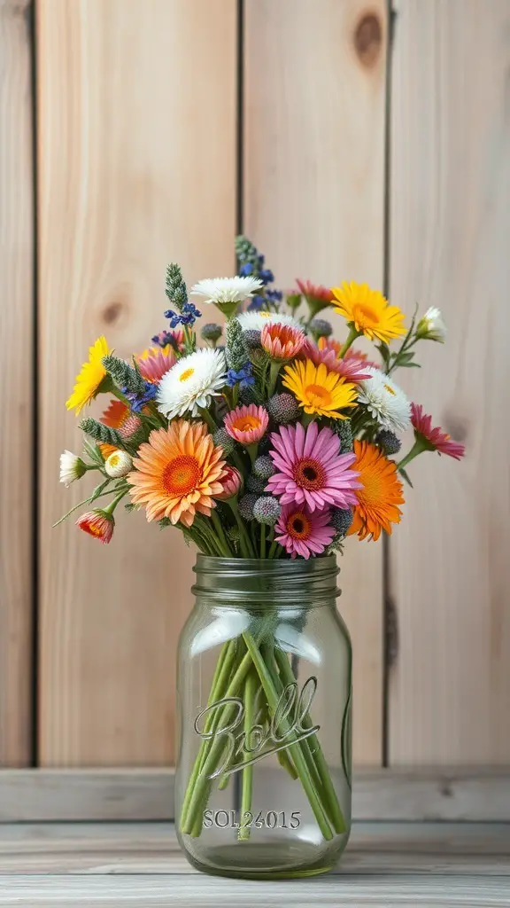 A rustic wildflower bouquet in a mason jar against a wooden backdrop.