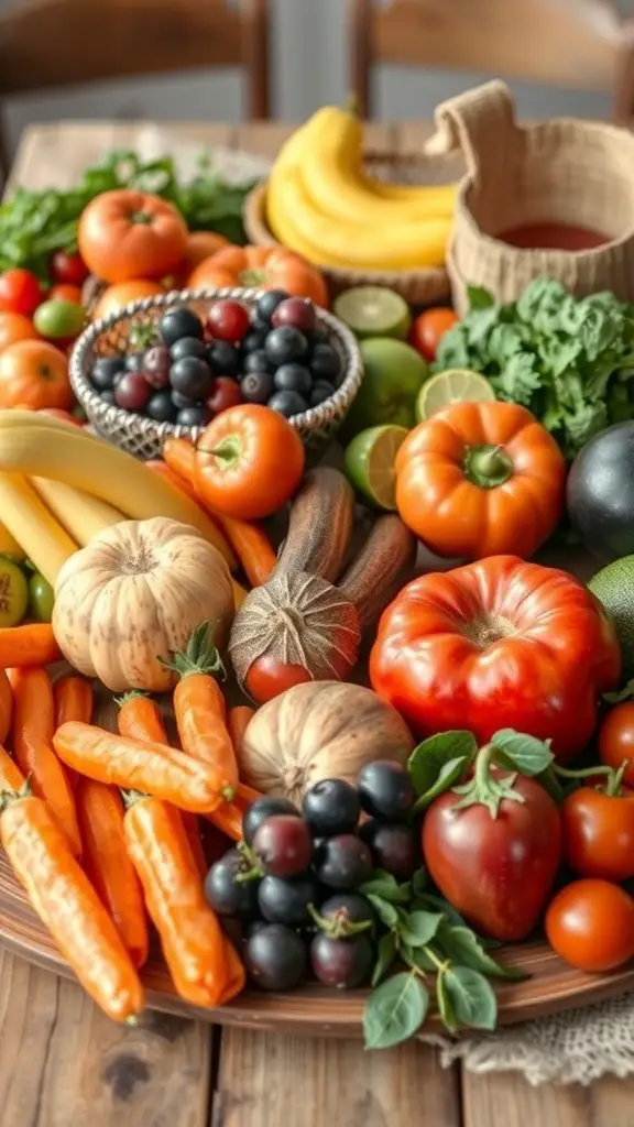 A colorful assortment of seasonal fruits and vegetables arranged on a wooden table.