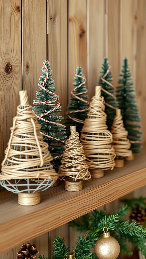 A collection of twine-wrapped Christmas trees displayed on a wooden shelf, alongside small green trees and holiday decorations.