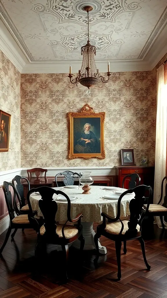 29+ Stunning Dining Room Wallpaper Ideas to Transform Your Space 7 A vintage dining room with floral wallpaper, a round table, and classic furniture.