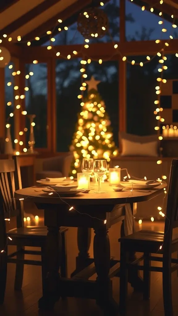 A cozy dining area decorated with twinkling fairy lights and a Christmas tree in the background.