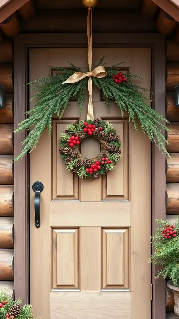 A cozy cabin door decorated with a natural wreath made of evergreen branches, pinecones, and red berries.