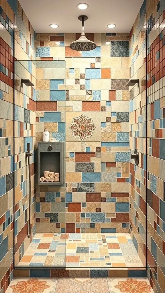 27+ Inspiring Rustic Walk-In Shower Ideas You’ll Love 14 A rustic walk-in shower featuring colorful mosaic tile walls with various patterns and textures.