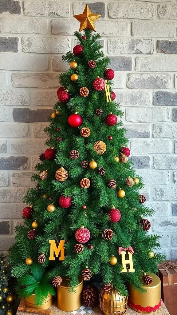 29+ Creative Wall Christmas Tree Ideas for a Festive Holiday Display 8 A decorated Christmas tree featuring pine cones, red and gold ornaments, and a star on top, set against a brick wall.