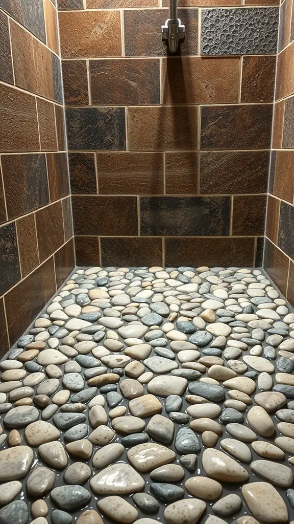 27+ Inspiring Rustic Walk-In Shower Ideas You’ll Love 6 A rustic walk-in shower featuring pebble stone flooring and earthy wall tiles.