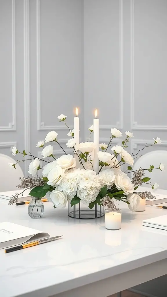 A beautiful monochromatic white floral centerpiece with candles on a dining table.