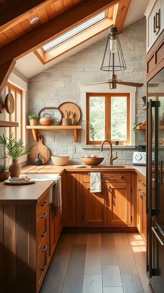 29+ Stunning Barndominium Kitchen Ideas You’ll Love 16 A cozy barndominium kitchen featuring natural wood cabinets, stone walls, and large windows.