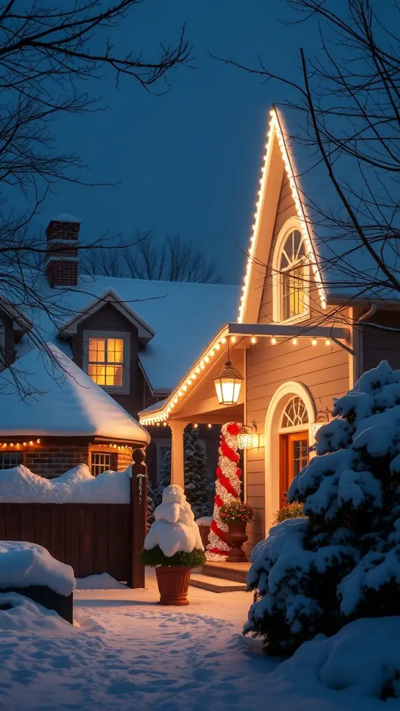 A cozy home decorated with classic white Christmas lights, surrounded by snow.