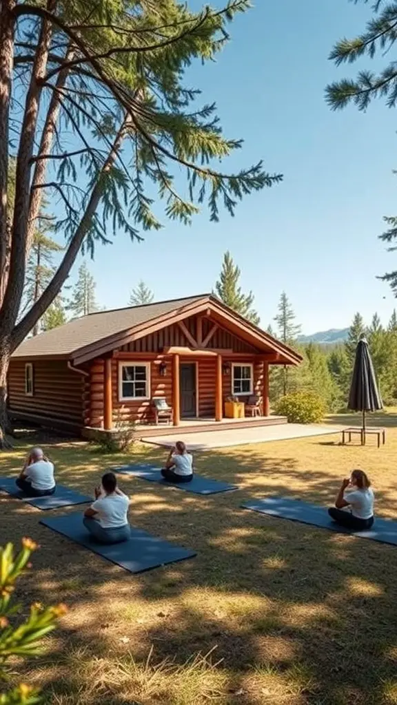 29+ Cozy Cabin Trip Ideas for Your Perfect Getaway 13 A group practicing yoga in front of a cozy cabin in nature.