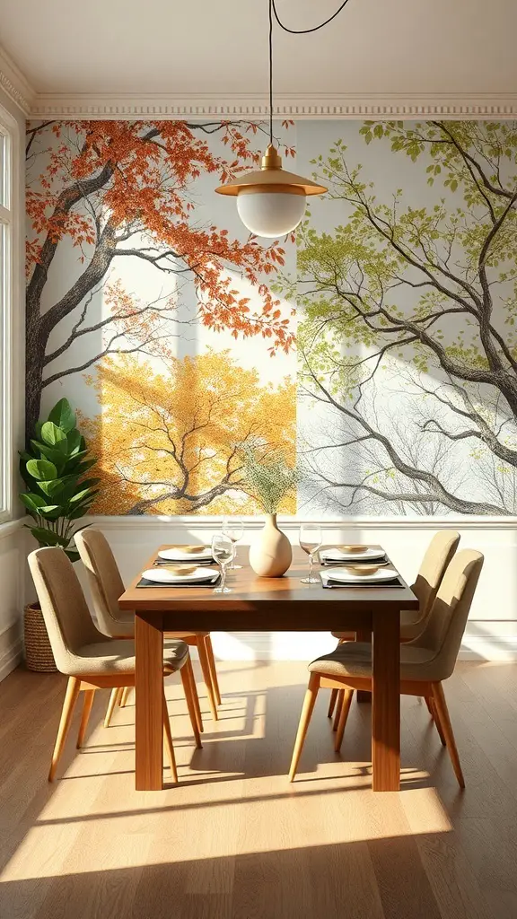 29+ Stunning Dining Room Wallpaper Ideas to Transform Your Space 13 A dining room with seasonal wallpaper featuring trees in autumn and spring colors, a wooden table set for a meal.