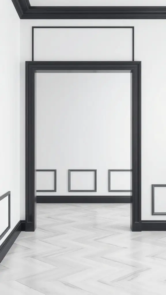 A minimalist room with light walls and dark trim, featuring clean lines and a sophisticated look.