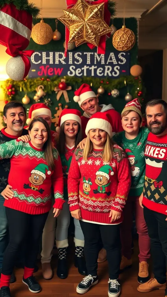Group of friends wearing colorful and festive ugly Christmas sweaters