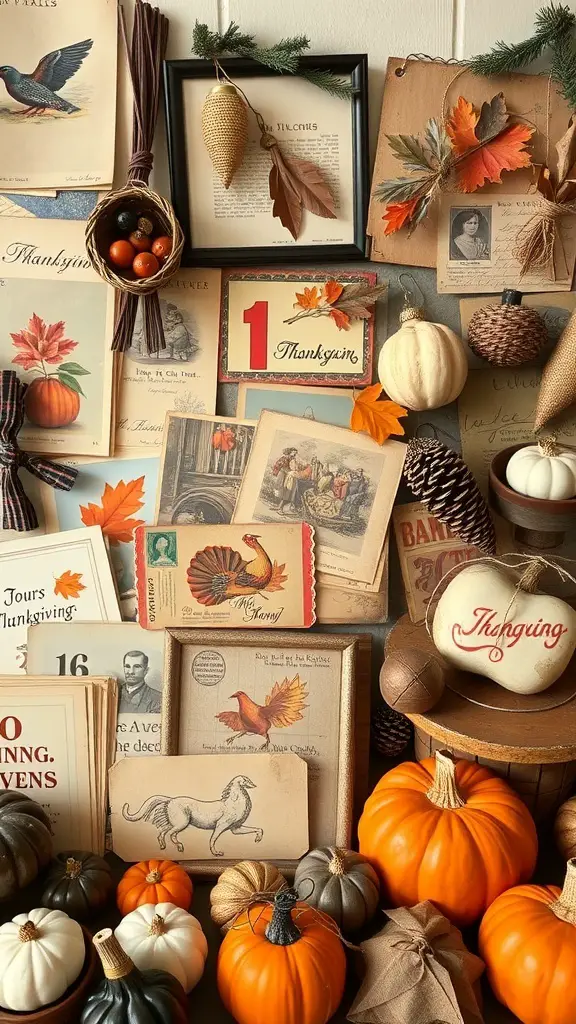 A vintage Thanksgiving decor display featuring pumpkins, postcards, and autumn leaves.