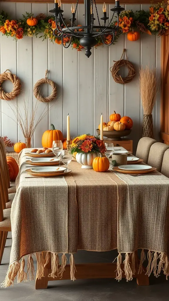A rustic Thanksgiving table decorated with a burlap tablecloth, pumpkins, and flowers.